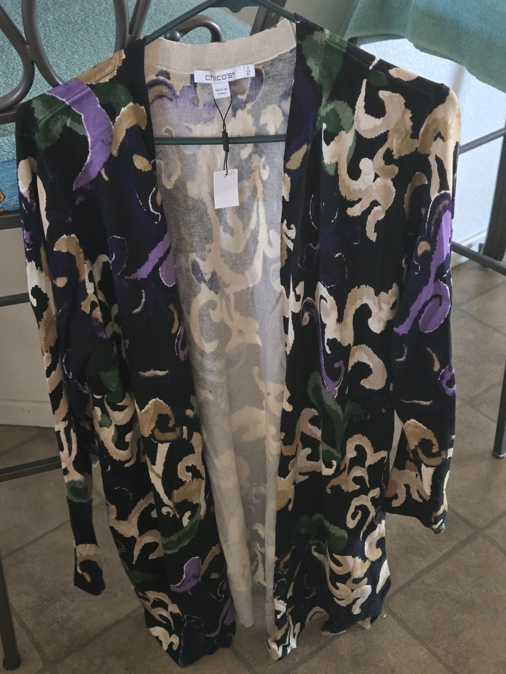 Chico's Velvet Open Cardigan in Black, Purple & Green